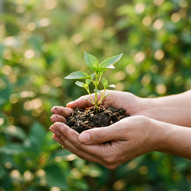 Mãos segurando uma muda de planta verde